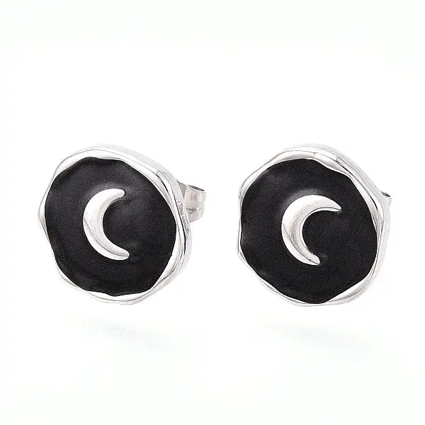 Nuggets with Moon 304 Stainless Steel Enamel Stud Earrings
