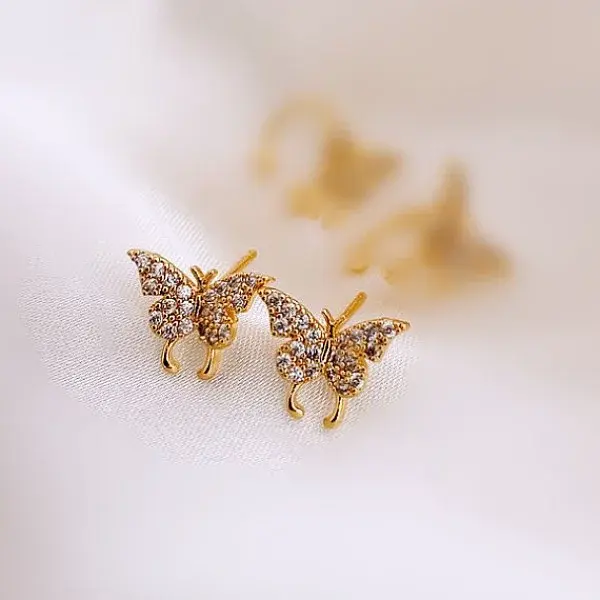 Butterfly Brass Micro Pave Clear Cubic Zirconia Stud Earrings
