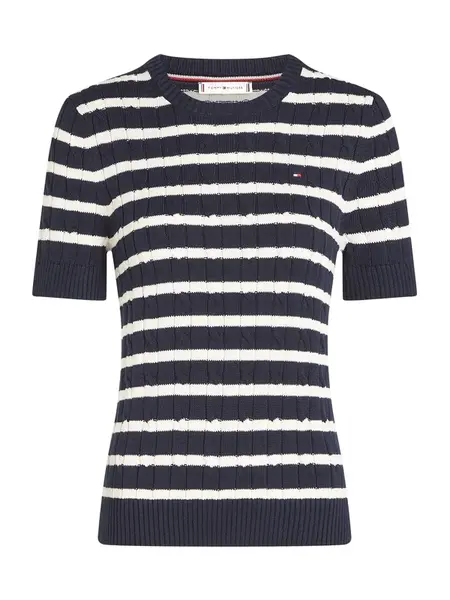 TOMMY HILFIGER Sveter 'Cable Short Sleeve'  modrá / biela