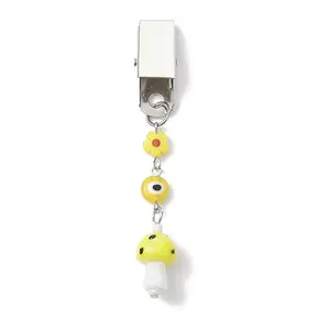 Iron ID Card Clips with Handmade Lampwork Mushroom & Evil Eye
