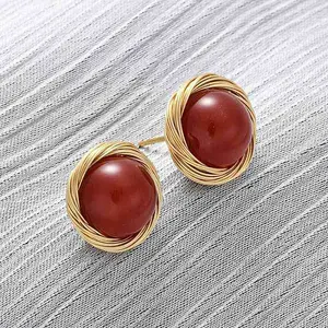 Brass Natural Carnelian Stud Earrings