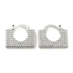 Rectangle Shape Brass Micro Pave Clear Cubic Zirconia Thick Hoop Earrings