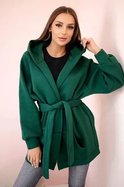 Zateplená pelerína se zavazováním v pase tmavě zelená