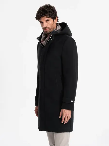 Ombre Men's long monochrome hooded coat - black