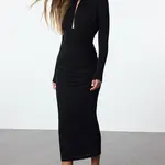 Trendyol Black Low-Cut Detailed Woven Elegant Evening Dress