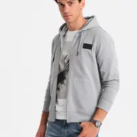 Ombre Men's unbuttoned sweatshirt with hood and patch - grey