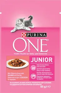 PURINA ONE Junior mini filetky s lososom a mrkvou v šťave 24x85g