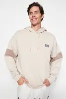 Trendyol Pánské Béžové Oversize / Wide-Fit Kapuce Štítek Detail Barevný blok Fleecová mikina