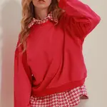 Trend Alaçatı Stili Women's Fuchsia Crew Neck Oversize Basic Sweatshirt
