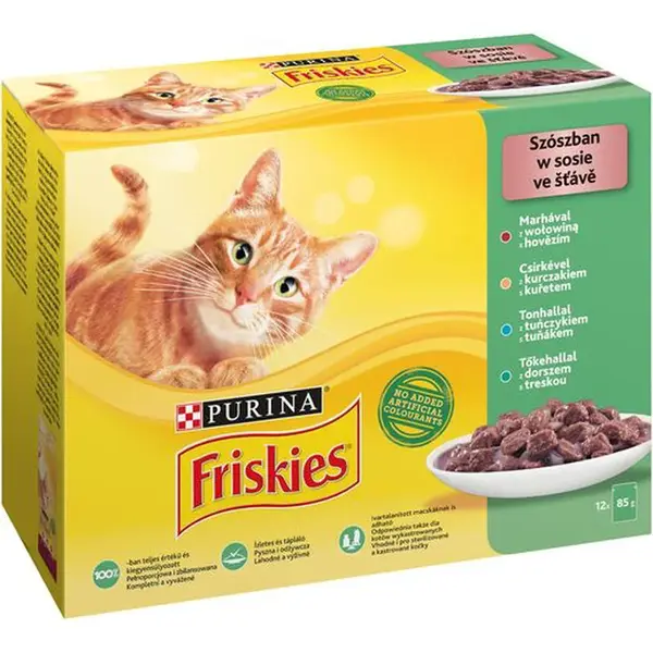 Friskies Multipack ve šťávě, s hovězím, kuřetem, tuňákem a treskou 6 x (12 x 85 g)