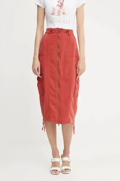 Sukně s příměsí lnu Guess CASEY červená barva, midi, W5GD1H WG8N0