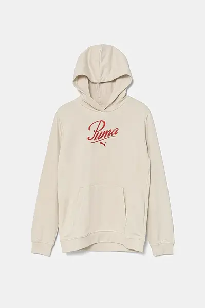 Dětská mikina Puma ESS SCRIPT Hoodie TR béžová barva, s kapucí, s aplikací, 685806