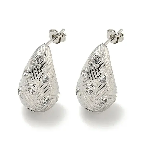 Teardrop Texture Brass Micro Pave Cubic Zirconia Stud Earrings for Women