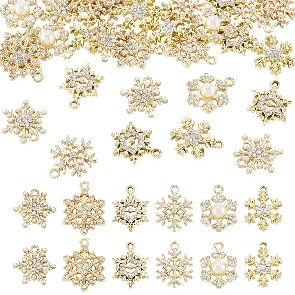 36Pcs 6 Styles Alloy Micro Pave Clear Cubic Zirconia Snowflake Pendants
