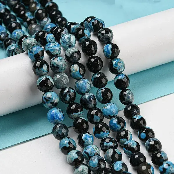 Faceted Round Dyed Natural Fire Crackle Agate Beads Strands
