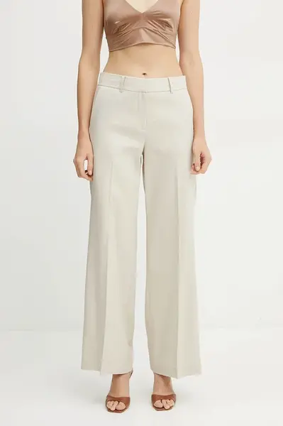 Lněné kalhoty MICHAEL Michael Kors dámské, béžová barva, jednoduché, high waist, MS530TFH6R