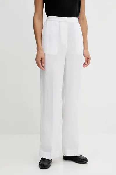 Lněné kalhoty Tommy Hilfiger dámské, bílá barva, široké, high waist, WW0WW46823