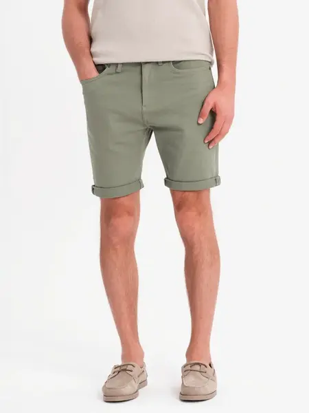 Ombre Men's classic denim shorts with rolled up leg - light olive