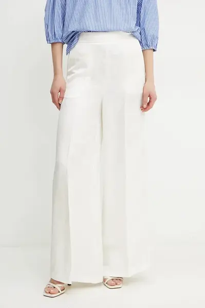 Kalhoty s příměsí lnu Twinset béžová barva, high waist, 251TT2172