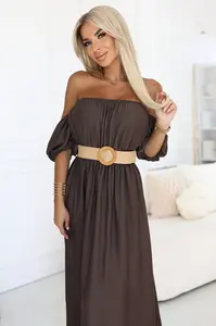 614-1 Boho maxi dress with off-the-shoulder straps - chocolate