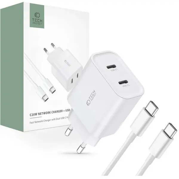 Tech-Protect C20W 2-portová síťová nabíječka PD20W + kabel USB-C, bílá