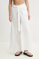 Lněné kalhoty Vilebrequin LAMISS dámské, béžová barva, široké, high waist, LSSH3U00