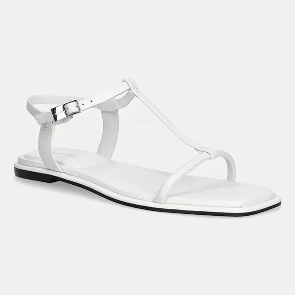 Kožené sandály Calvin Klein FLAT SANDAL SQUARED BUCKLE LTH dámské, bílá barva, HW0HW02556