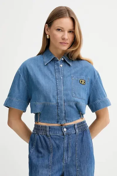 Džínová košile Liu Jo dámská, modrá barva, regular, s klasickým límcem, UA5239 D4851