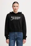 Bavlněná mikina Tommy Jeans dámská, černá barva, s kapucí, s potiskem, DW0DW20306