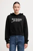Bavlněná mikina Tommy Jeans dámská, černá barva, s kapucí, s potiskem, DW0DW20306