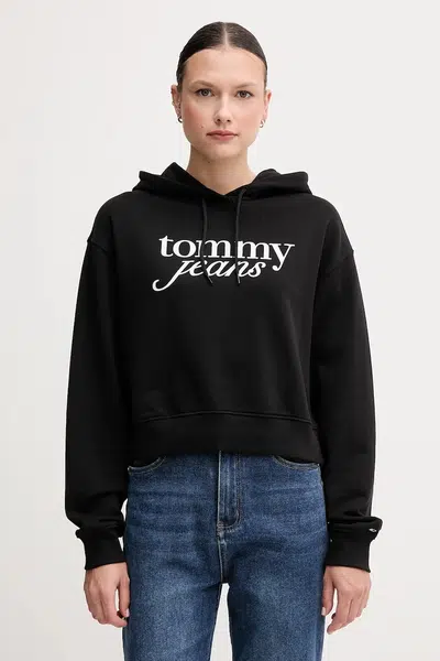 Bavlněná mikina Tommy Jeans dámská, černá barva, s kapucí, s potiskem, DW0DW20306