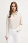 Lněná košile Tommy Hilfiger dámská, béžová barva, relaxed, s klasickým límcem, WW0WW44679