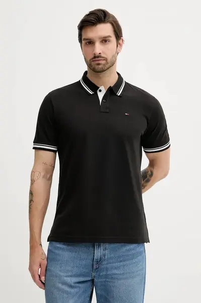 Bavlněné polo tričko Tommy Jeans pánské, černá barva, DM0DM21846