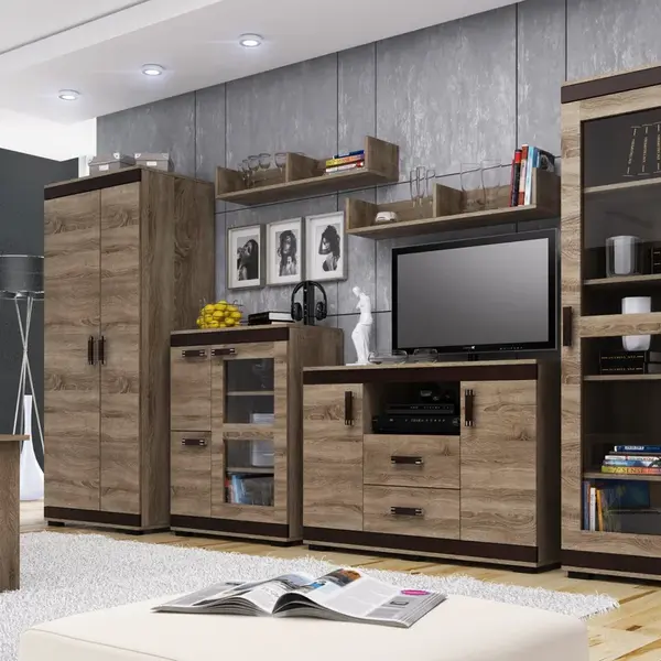 Obývací stěna Dubaj Barva korpusu: Wenge, Lišta: Dub - sonoma, Barva dvířek: Šedá