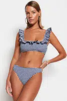 Trendyol Námořnická modrá Gingham Texturovaná Bralette Volánkový horní díl bikin