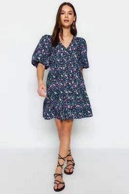 Trendyol Navy Blue Wide Cut Floral Print Mini Woven Dress