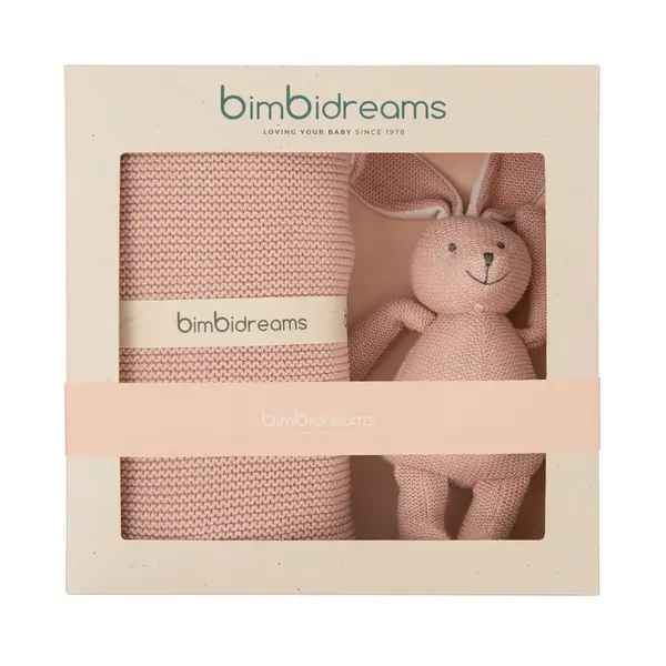 Darčekový set BIMBIDREAMS - ružová pletená deka so zajkom