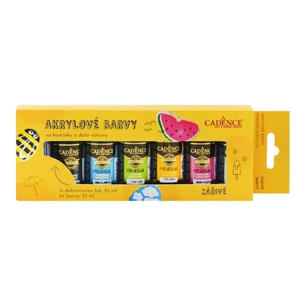 Akrylové farby na kamienky Cadence, súprava 6 ks a akrylový lak, 25 ml - žiarivé