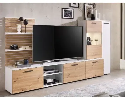 Obývacia stena Heathrow, biela/dub artisan, s osvetlením%