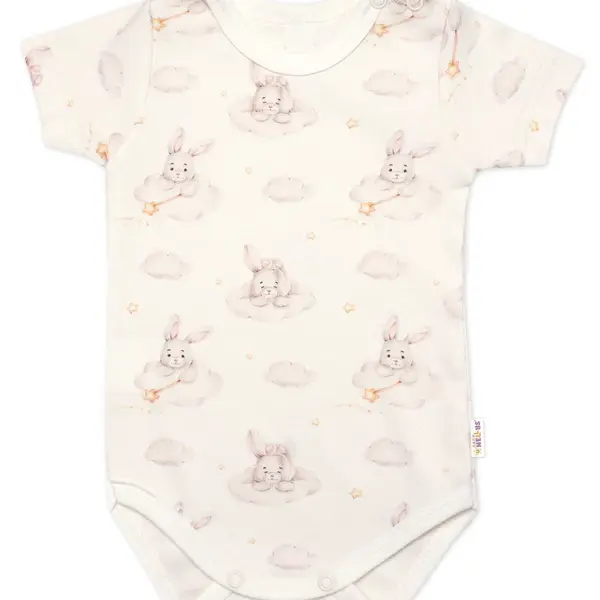 Baby Nellys Body kr. rukáv, bavlna, zapínání u krku, Králičci, krémové vel.  74