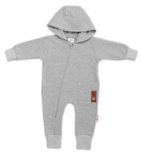 Baby Nellys Teplákový overal s kapsičkou a kapucí BOY,šedý, vel. 86