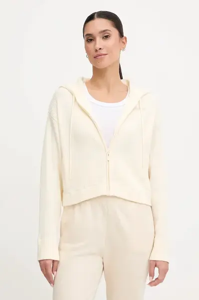 Mikina s příměsí vlny Guess FLAMINIA béžová barva, s kapucí, hladká, V5BR05 Z3JD2