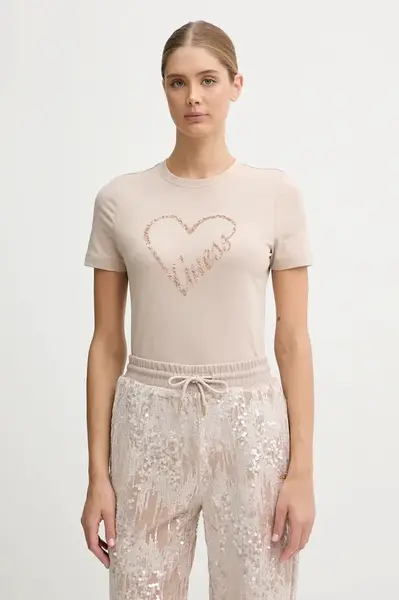 Tričko Guess LOVE dámské, béžová barva, V5BI13 J1314