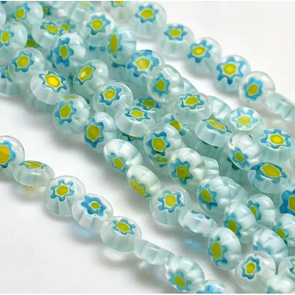 Handmade Millefiori Glass Flat Round Bead Strands