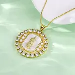 Brass Clear Cubic Zirconia Flat Round with Virgin Mary Pendant Necklaces