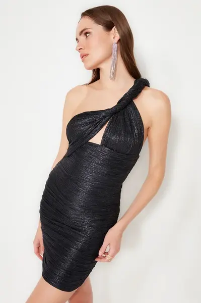 Trendyol Námořnická modrá vypasovaná pletená podšívka třpytivé elegantní večerní šaty