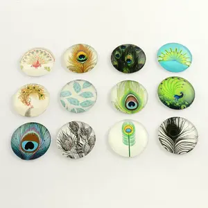Feather Pattern Flatback Half Round Glass Dome Cabochons