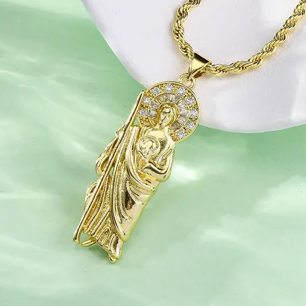 Brass Micro Pave Clear Cubic Zirconia Saint Jude Pendant Necklaces