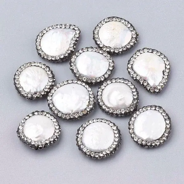 Flat Round Polymer Clay Rhinestone Natural Freshwater Shell Beads