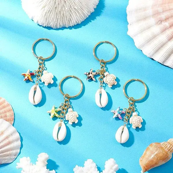 Synthetic Turquoise with Natural Mixed Cowrie Shell Keychain